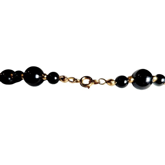 Faux Shadow Pearl Onyx Beaded Necklace with Gold Tone Beads - Picture 3 of 5